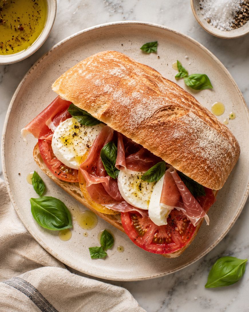 A ciabatta sandwich filled with sliced tomatoes, fresh mozzarella, prosciutto, and basil leaves sits on a beige plate, garnished with extra basil; olive oil and a bowl of salt are nearby.