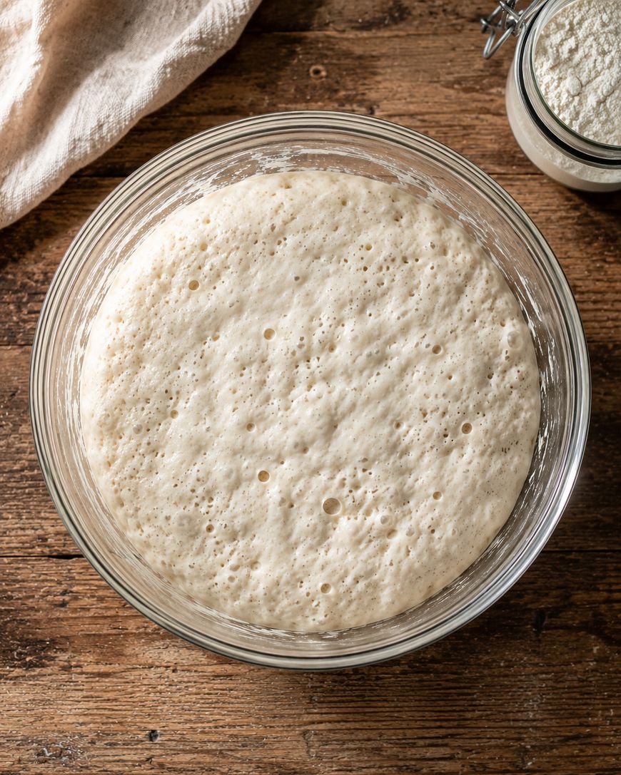 A glass bowl filled with bubbly, risen sourdough starter sits on a wooden table, next to a cloth and a jar of flour.
