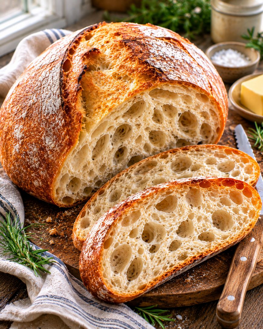 A rustic round loaf of sourdough bread with a golden crust is sliced on a wooden board. Two slices reveal an airy, open crumb. Fresh herbs, butter, salt, and a knife surround the bread.