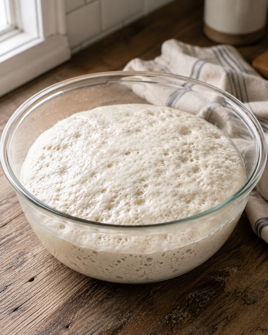 A glass bowl of risen bread dough with a bubbly surface sits on a wooden countertop next to a striped kitchen towel and a window.