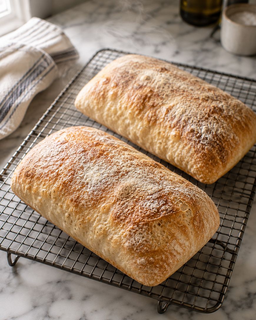 Two freshly baked rectangular loaves of ciabatta bread rest on a cooling rack atop a marble countertop, with a towel and kitchen items in the background.