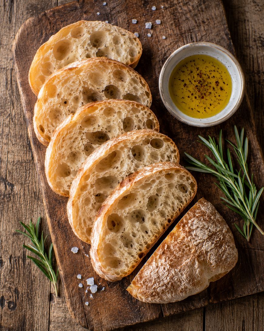 Five slices of rustic bread arranged on a wooden board with rosemary sprigs, coarse salt, and a small bowl of olive oil with pepper.
