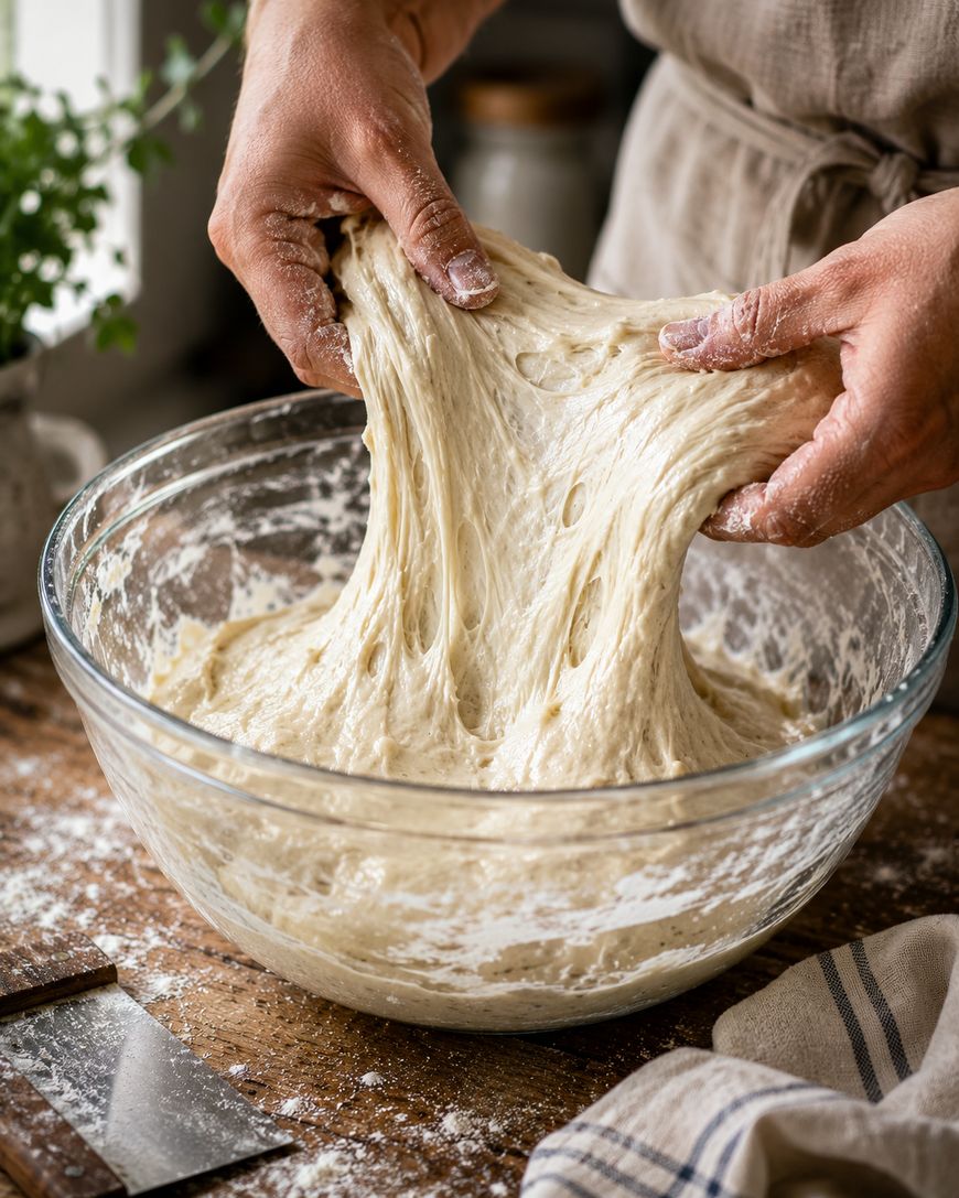 Hands stretch sticky bread dough in a glass bowl on a rustic wooden table, with flour and kitchen tools nearby. A striped cloth and a green plant are visible in the background.