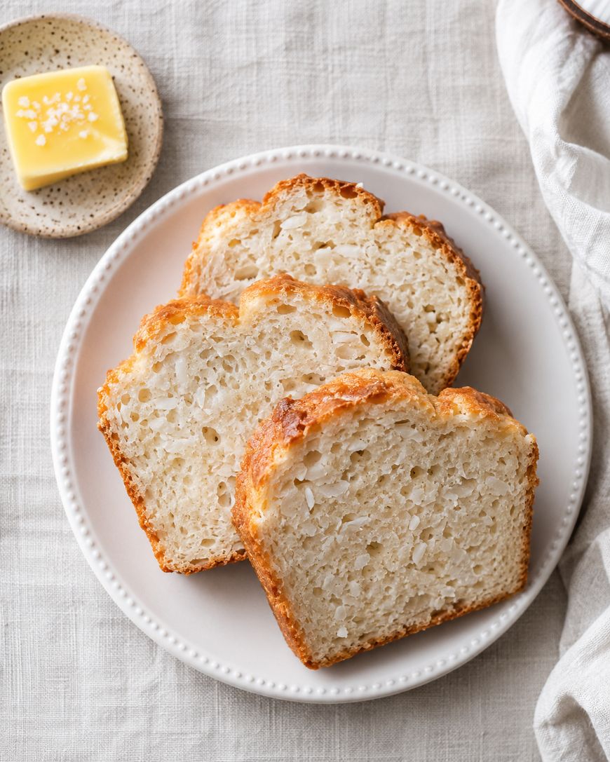 Three thick slices of rustic bread are arranged on a white plate next to a small dish of butter with a butter knife, all set on a light-colored fabric background.