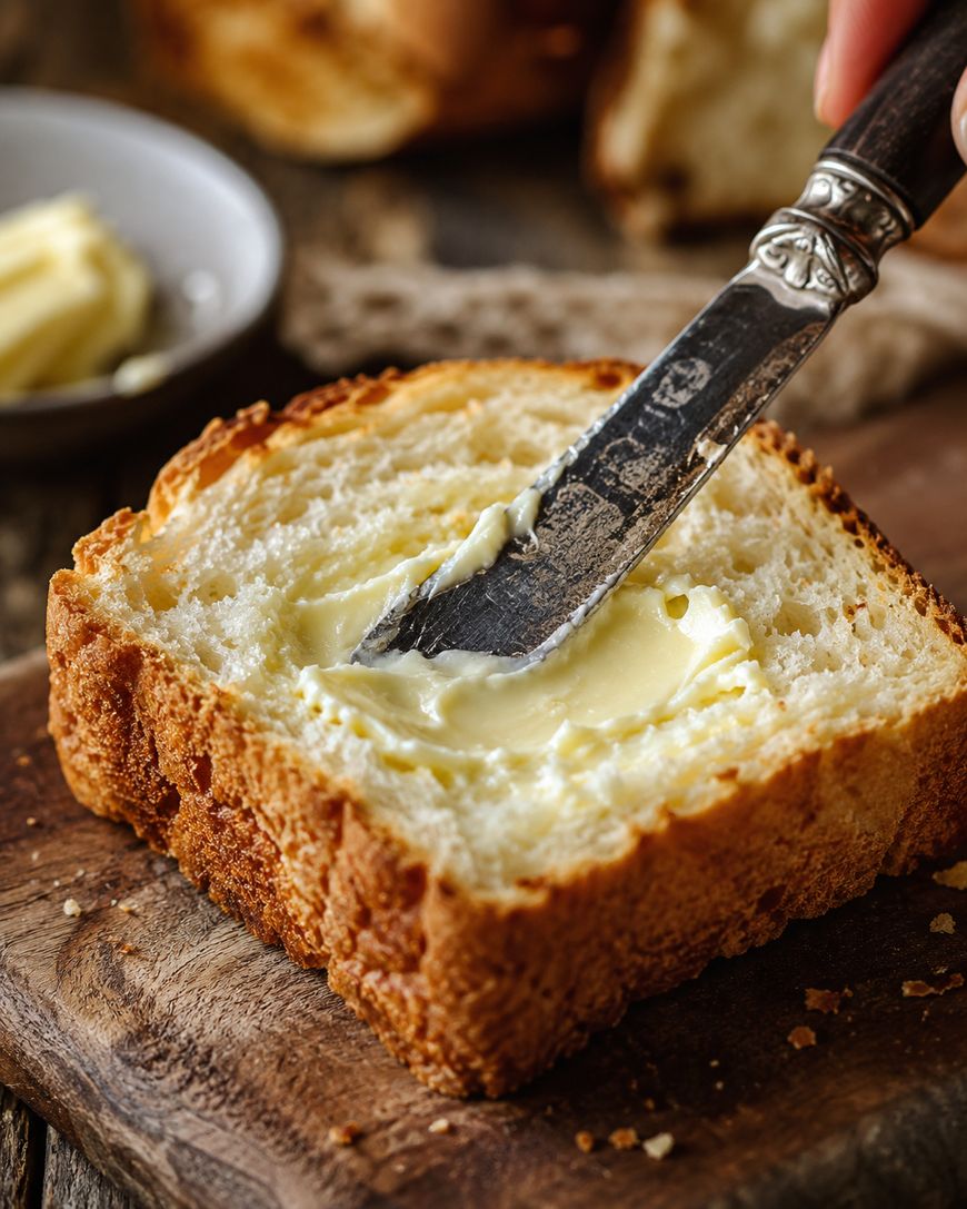 A close-up of a knife spreading butter on a thick slice of rustic bread, resting on a wooden board. A small dish of butter is blurred in the background.