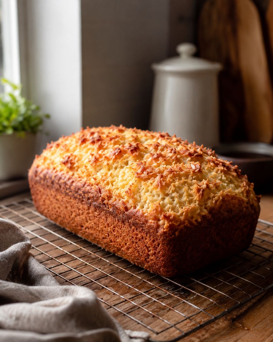 A golden-brown loaf of bread with a textured, crunchy top sits on a cooling rack by a window, with a plant and kitchen containers in the background.