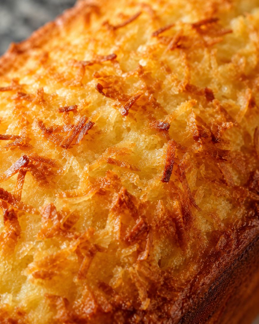 Close-up of a golden-brown baked coconut cake, showing a textured surface with toasted shredded coconut on top. The cake appears moist and slightly crispy on the edges.