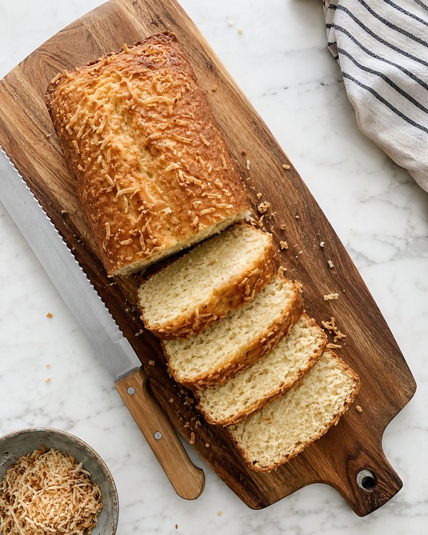 A loaf of bread topped with shredded coconut is partially sliced on a wooden cutting board. A serrated knife lies next to it, and a small bowl of toasted coconut sits nearby on a marble surface.