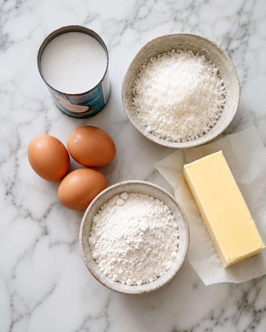 A marble surface displays three brown eggs, an opened can of coconut milk, a bowl of shredded coconut, a bowl of flour, and a stick of butter on parchment paper.