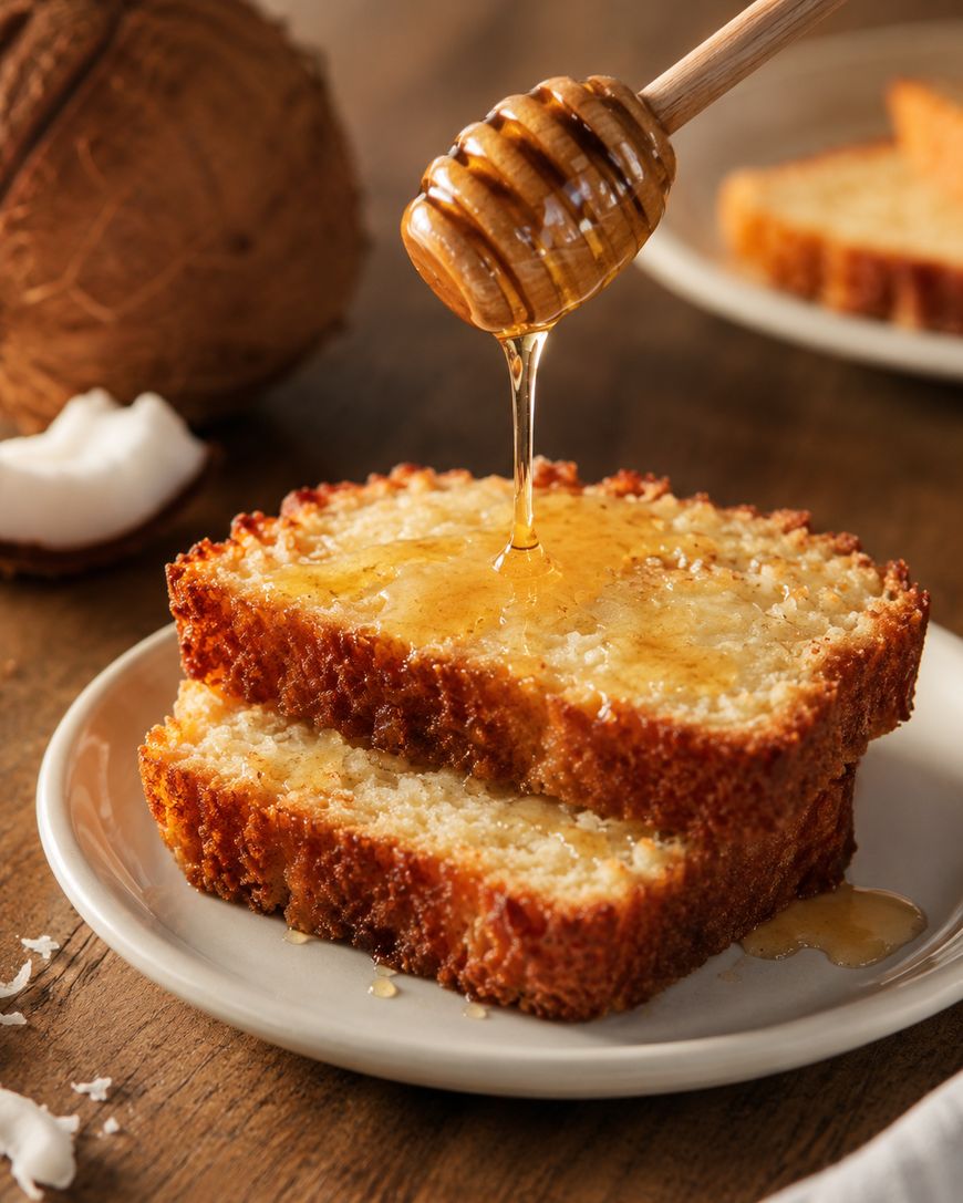Two slices of coconut bread on a white plate with honey being drizzled over them. A halved coconut and more bread slices are visible in the background on a wooden table.