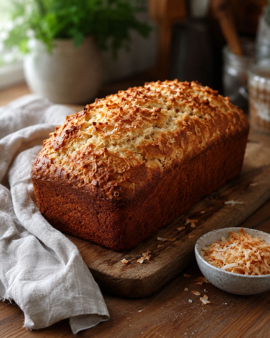 A golden-brown loaf of bread topped with toasted coconut sits on a wooden cutting board, next to a light cloth and a small bowl filled with extra toasted coconut flakes.
