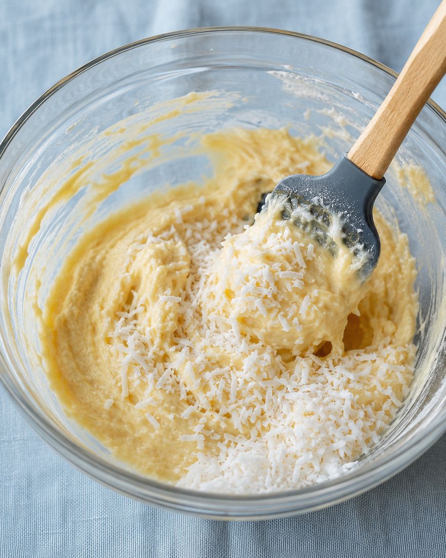 A glass bowl with yellow cake batter being mixed with shredded coconut using a black and wooden spatula, set on a light blue cloth.
