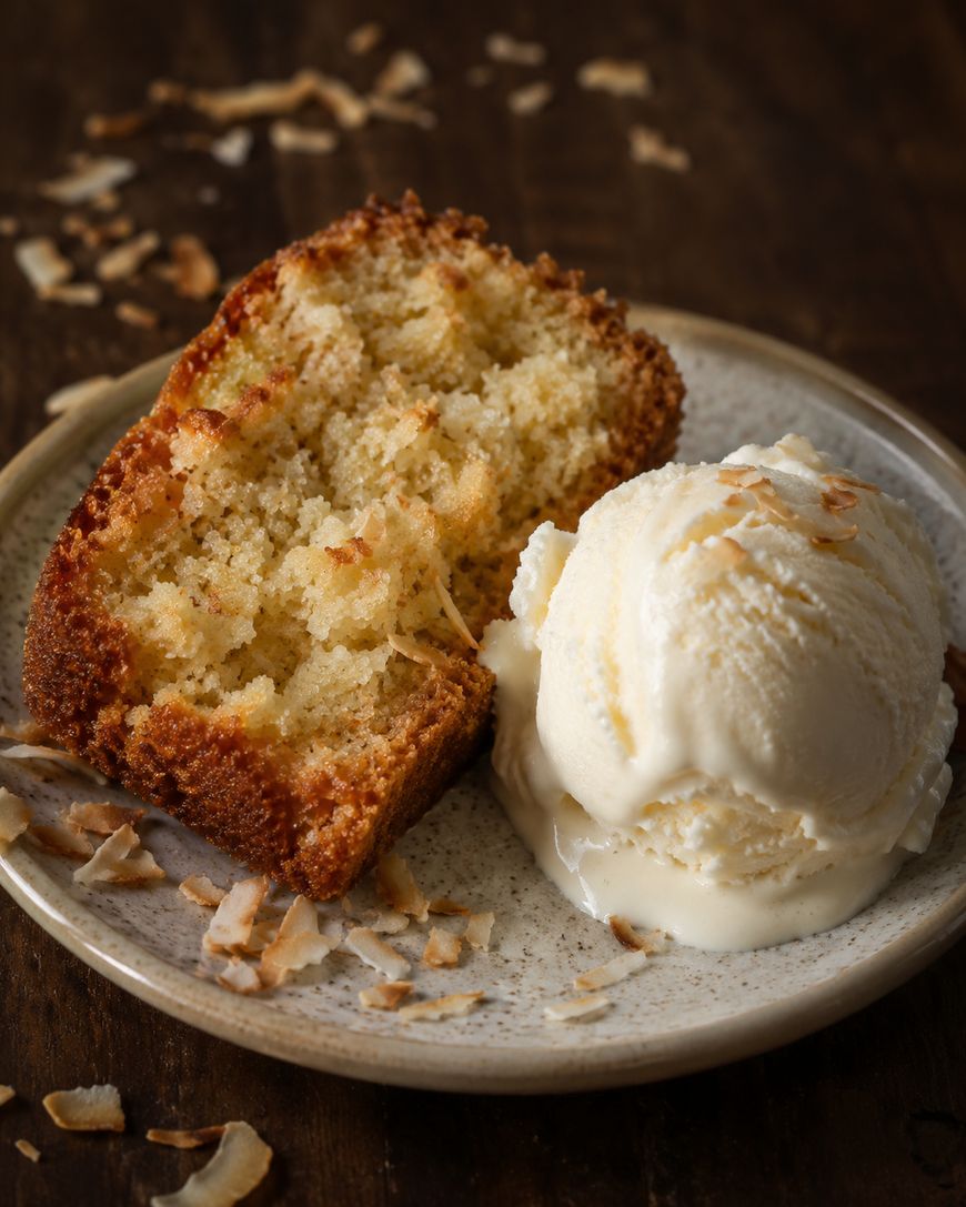 A slice of coconut cake sits on a plate next to a scoop of vanilla ice cream, with toasted coconut flakes scattered around. The dessert is served on a ceramic plate atop a wooden surface.