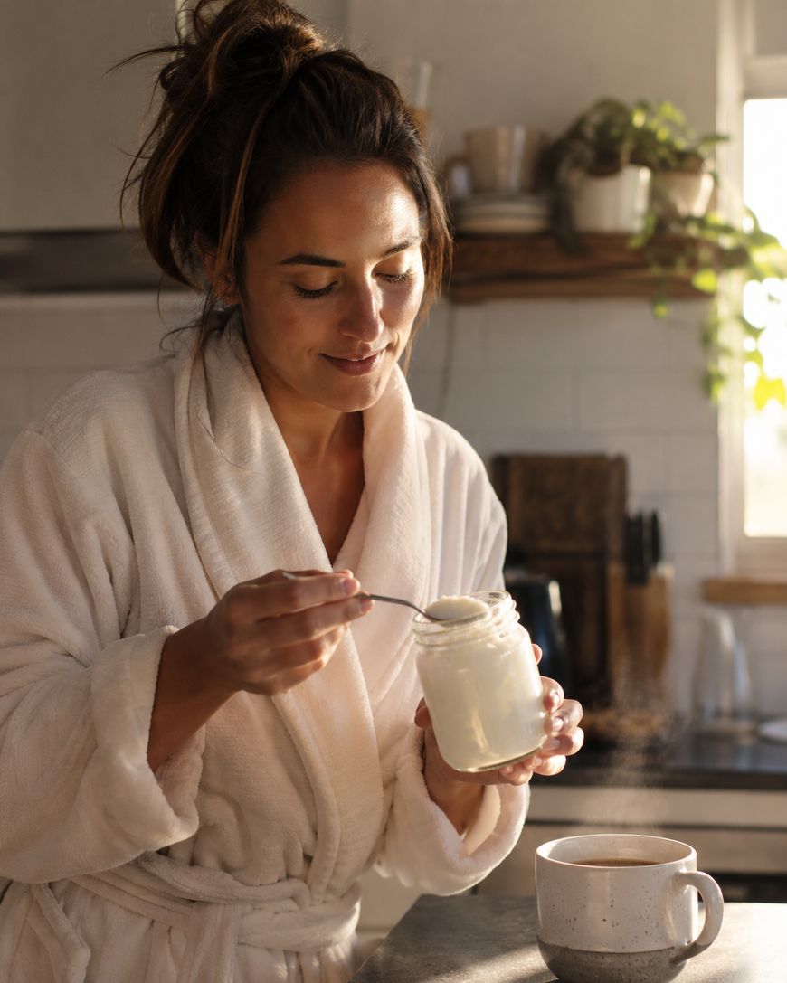 A woman in a bathrobe smiles while scooping yogurt or cream from a glass jar, standing in a cozy kitchen with a mug of steaming drink on the counter and plants on a shelf in the background.