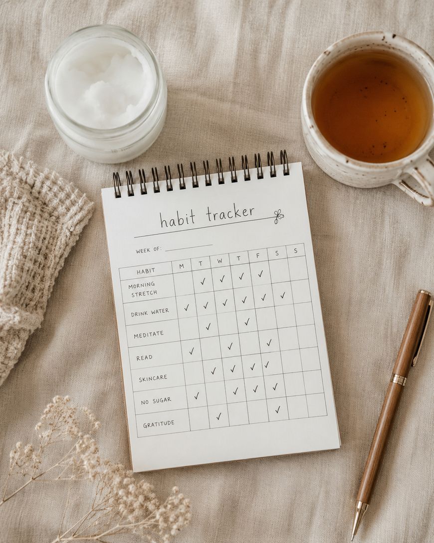 A habit tracker notebook with checked boxes sits on a beige fabric beside a pen, a cup of tea, a jar of cream, knitted fabric, and dried flowers. The tracker lists habits like stretching, water, meditate, and gratitude.