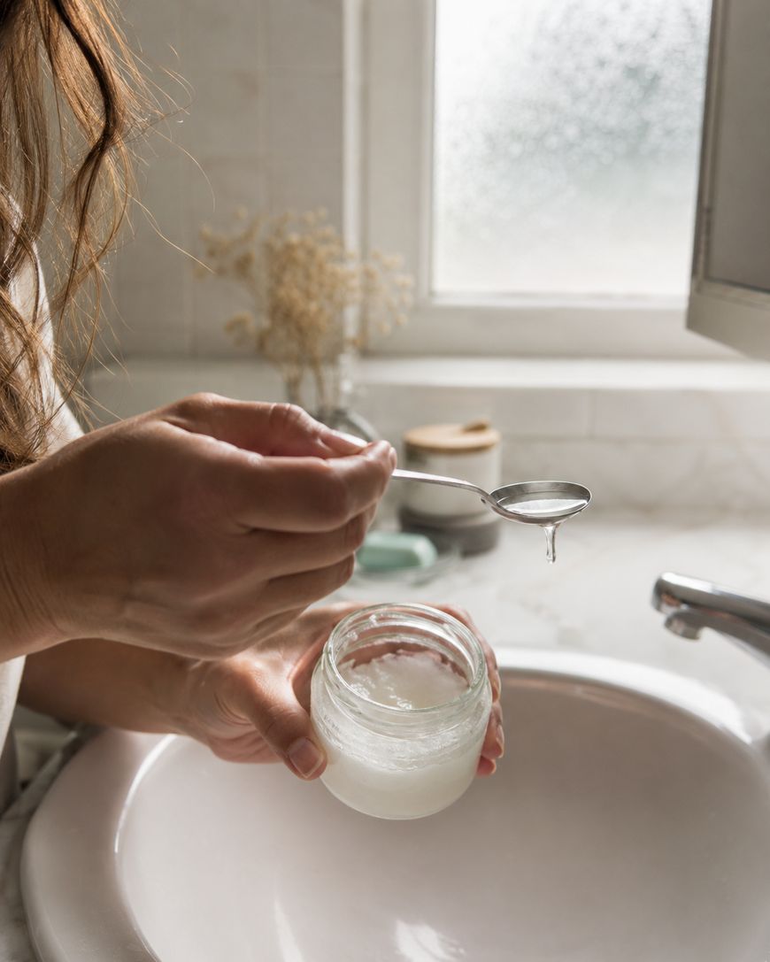 A person holds a glass jar with a creamy substance over a sink, using a spoon to scoop some out. The background shows a bathroom countertop with toiletries, a window, and soft natural light.