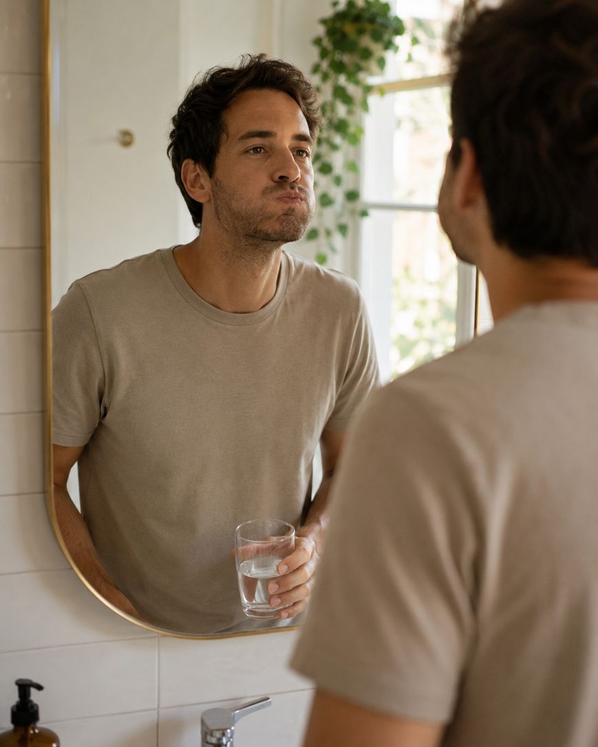 A man stands in front of a bathroom mirror, puffing his cheeks as he swishes water in his mouth. He holds a glass of water and wears a beige t-shirt. Green plants and sunlight are visible through the window behind him.