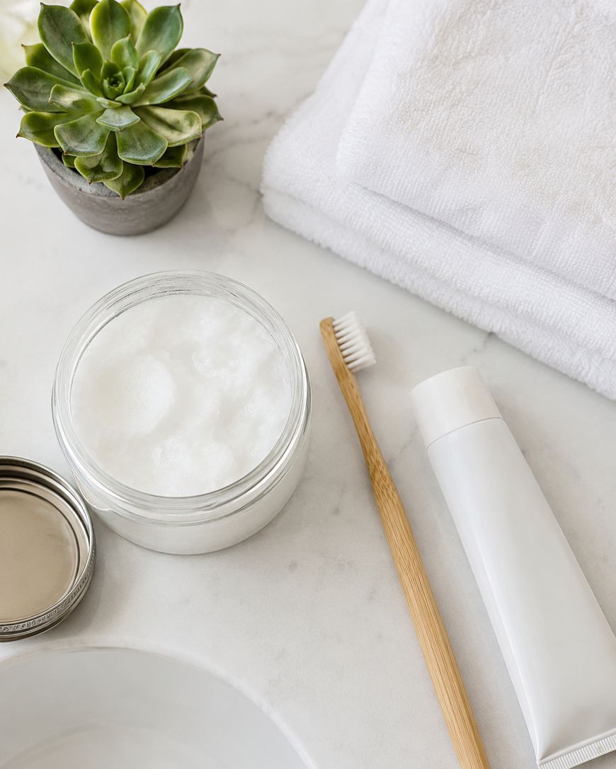 A glass jar of white powder, a bamboo toothbrush, a white toothpaste tube, a small potted succulent, and folded white towels arranged on a marble countertop.
