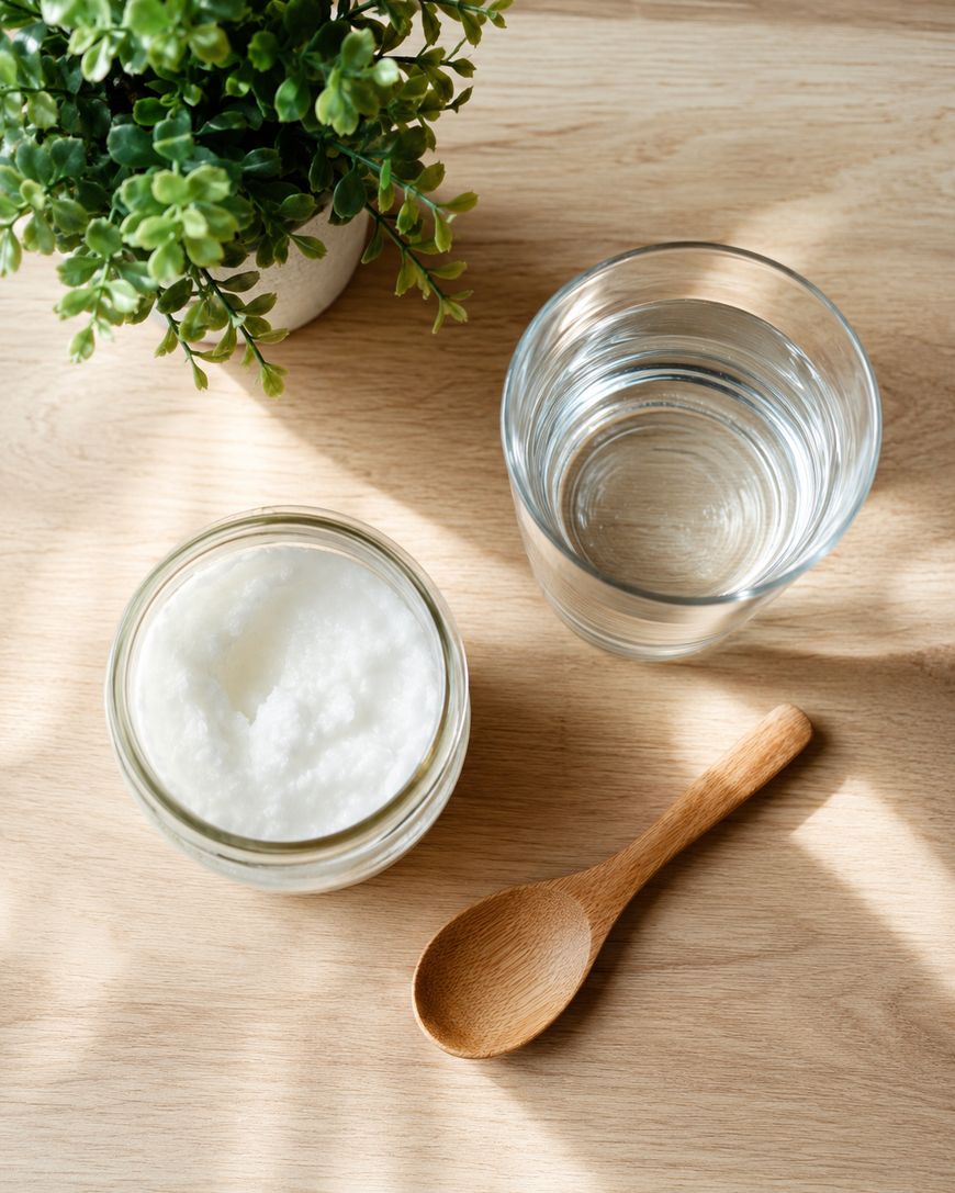 A jar of coconut oil, a glass of water, and a wooden spoon are arranged on a light wooden table next to a potted green plant, with sunlight casting soft shadows.