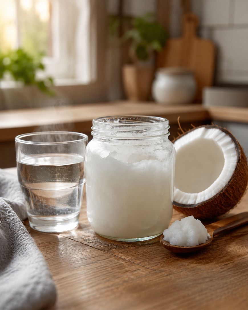 A glass jar of coconut oil sits on a wooden table beside a glass of water, a halved coconut, a wooden spoon with coconut oil, and a towel, with a bright kitchen in the background.