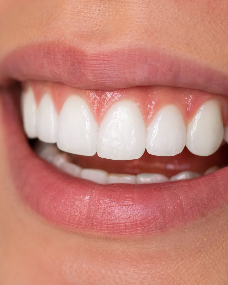 A close-up of a persons mouth smiling, showing clean, white teeth and healthy pink gums. The lips are slightly parted, revealing the upper and lower front teeth clearly.