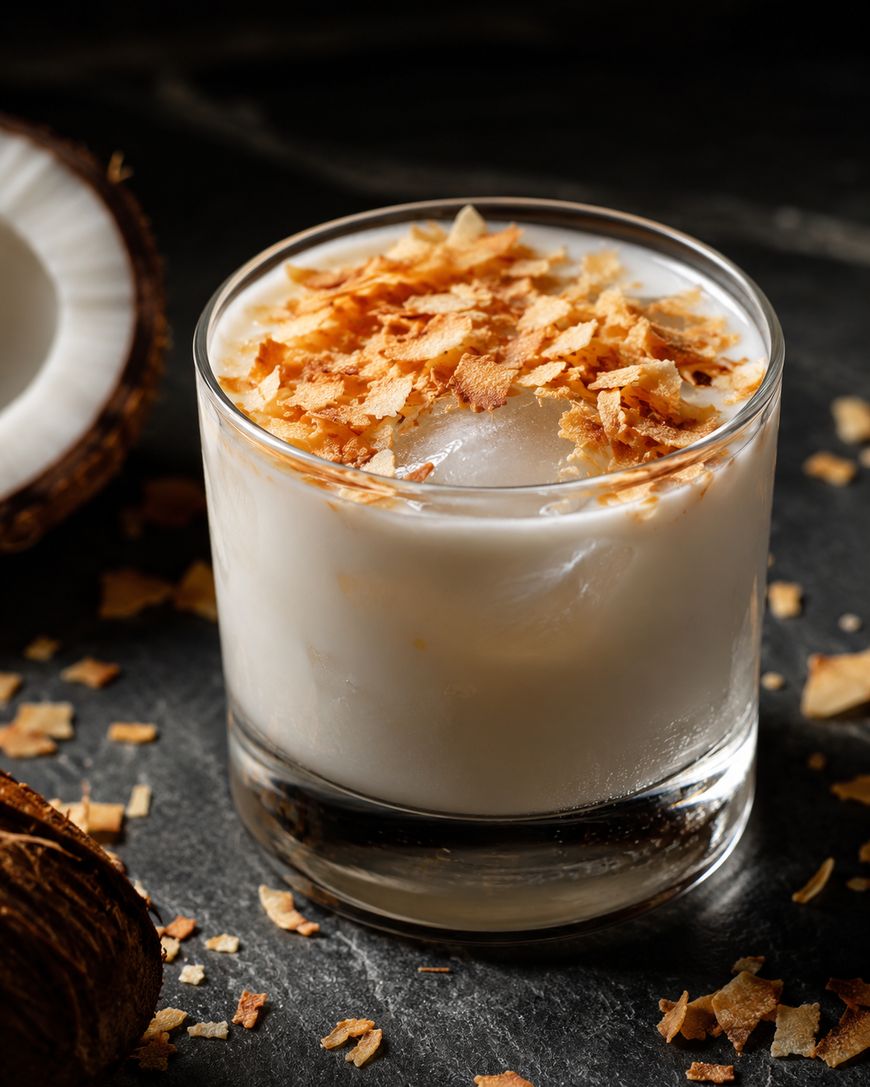 A glass of creamy white coconut cocktail with ice, topped with toasted coconut flakes, sits on a dark surface beside a halved coconut and scattered coconut flakes.