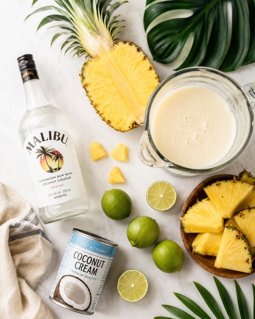 Overhead view of Malibu rum, coconut cream, a jug of blended drink, a halved pineapple, pineapple slices, whole and cut limes, and tropical leaves on a white surface.