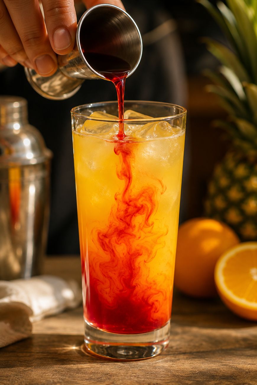 A hand pours red liquid into a tall glass of orange-yellow iced drink, creating swirling patterns. A cocktail shaker, orange slices, and a pineapple are visible in the background.