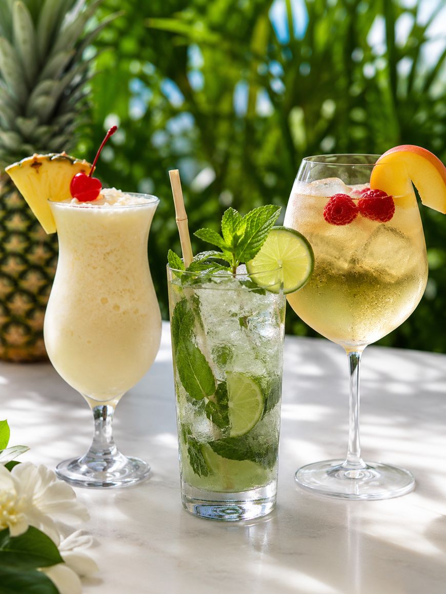 Three tropical cocktails on a white table: a pina colada with pineapple and cherry garnish, a mojito with lime and mint, and a white sangria with peach slice and raspberries. Green plants and a pineapple are in the background.