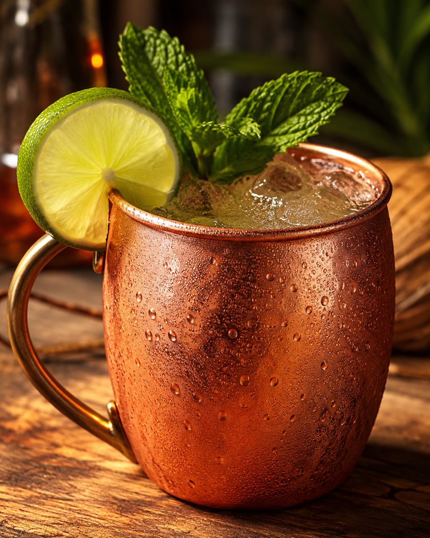 A cold copper mug filled with a cocktail, garnished with a slice of lime and fresh mint leaves, sits on a wooden table. The mug is covered with condensation, suggesting a refreshing drink.