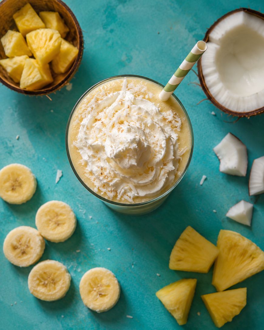 A glass of smoothie topped with whipped cream and a straw, surrounded by sliced bananas, pineapple chunks, coconut pieces, and a half coconut on a blue surface.