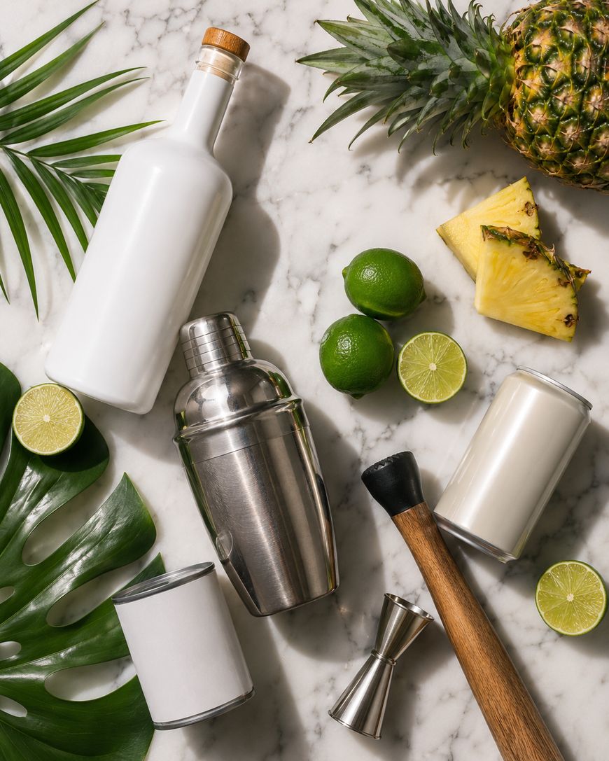 Overhead view of cocktail-making ingredients and tools on marble: a white bottle, two blank cans, a metal shaker, jigger, muddler, whole and sliced limes, pineapple, and large tropical leaves.