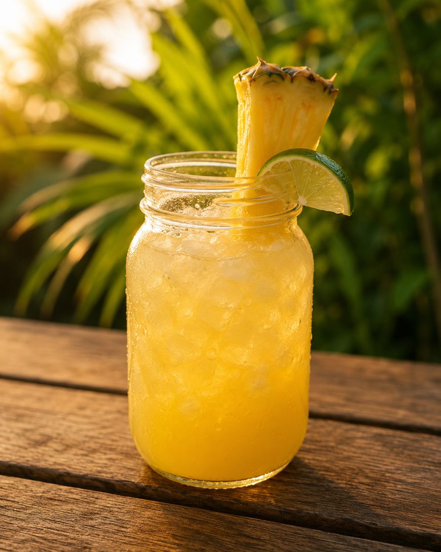 A mason jar filled with a yellow tropical drink and crushed ice, garnished with a pineapple spear and a lime wedge, sits on a wooden surface with green plants and warm sunlight in the background.