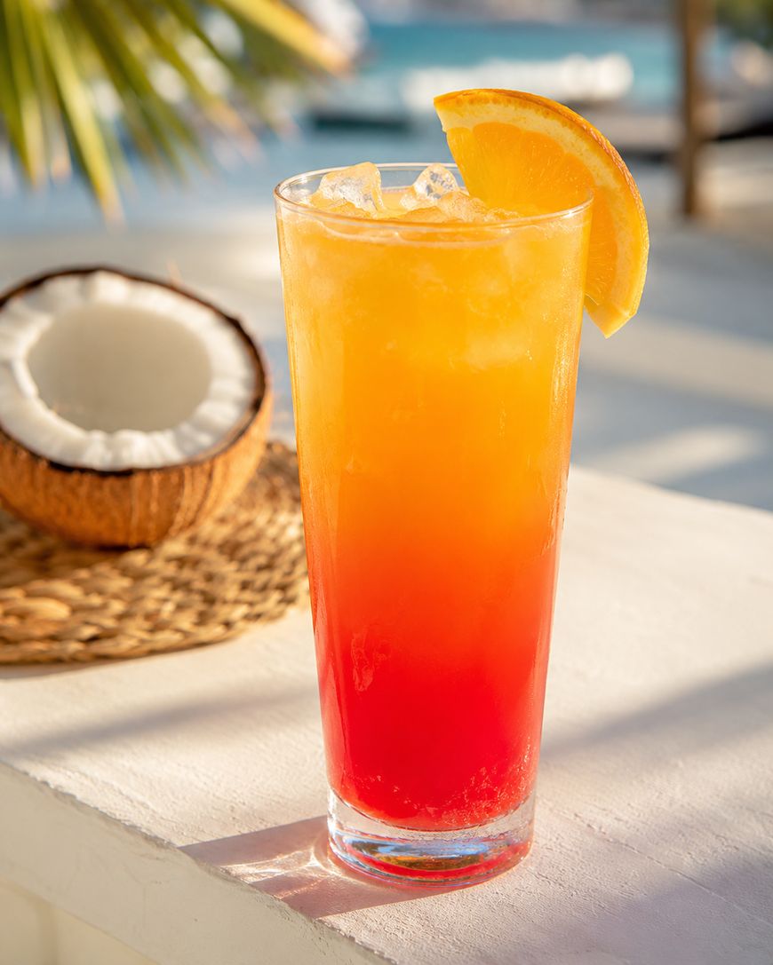 A tall glass of a vibrant orange and red tropical cocktail with ice, garnished with an orange slice. In the background, theres a halved coconut on a woven mat and blurred outdoor scenery with palm leaves.