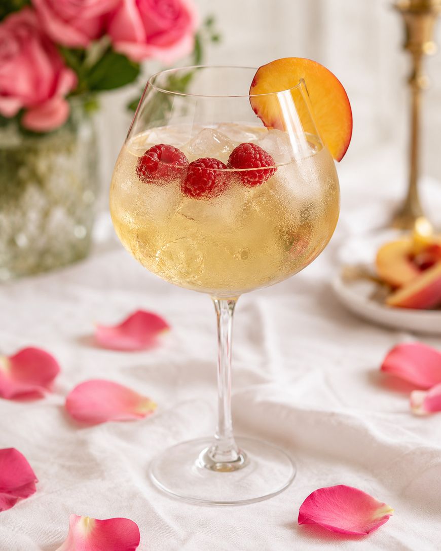 A glass of iced white cocktail garnished with raspberries and a peach slice sits on a white tablecloth with pink rose petals. Pink roses and peach slices are in the background.