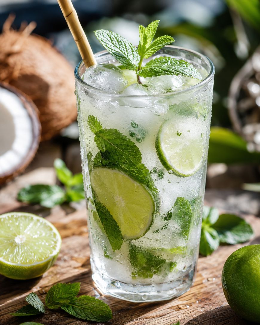 A glass of mojito garnished with fresh mint leaves and lime slices, filled with ice and a straw. Lime halves, mint leaves, and a coconut are in the background on a rustic wooden surface.