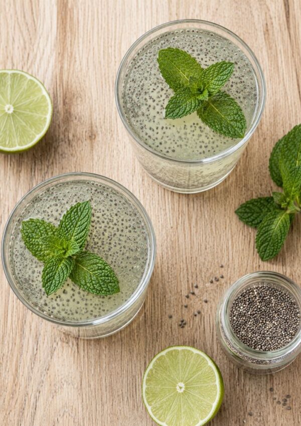 Two glasses of refreshing chia seed drink with mint leaves on a wooden surface, surrounded by fresh mint sprigs, chia seeds in a jar, and halved limes—perfect for coconut water drink recipes and delicious summer drinks.