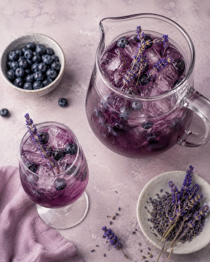 A glass and pitcher filled with iced purple drink garnished with blueberries and a sprig of lavender, surrounded by bowls of fresh blueberries and dried lavender on a light purple surface.