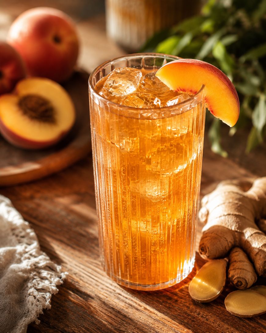 A tall glass of iced peach tea garnished with a peach slice sits on a wooden table next to fresh peaches and a piece of ginger root. Sunlight highlights the golden drink and its ice cubes.