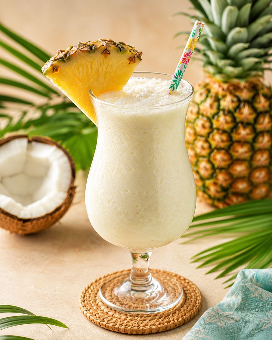 A pina colada in a curved glass garnished with a pineapple wedge and a colorful straw, set on a woven coaster with a halved coconut, a whole pineapple, and tropical leaves in the background.