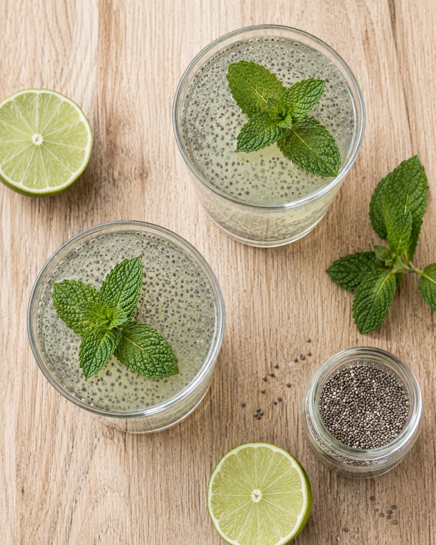 Two glasses of chia seed drink garnished with fresh mint leaves on a wooden surface, with halved limes, a small jar of chia seeds, and mint sprigs placed nearby.