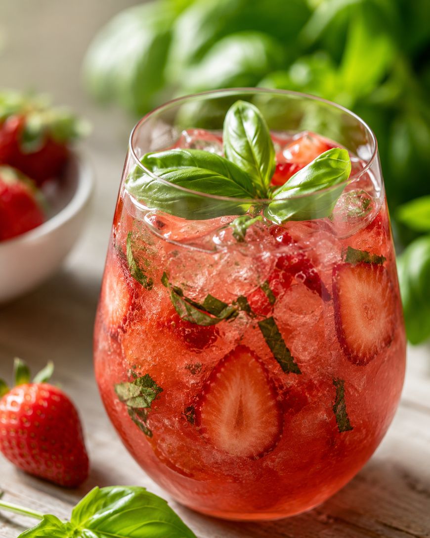 A glass of strawberry cocktail with ice, sliced strawberries, and fresh basil leaves, garnished with a basil sprig. Fresh strawberries and basil are on the table nearby.