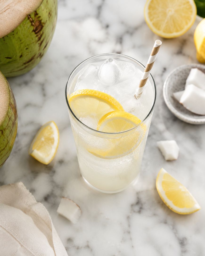 A glass of iced lemonade with lemon slices and a striped straw, surrounded by lemon wedges, coconut pieces, and part of a fresh coconut on a marble surface.