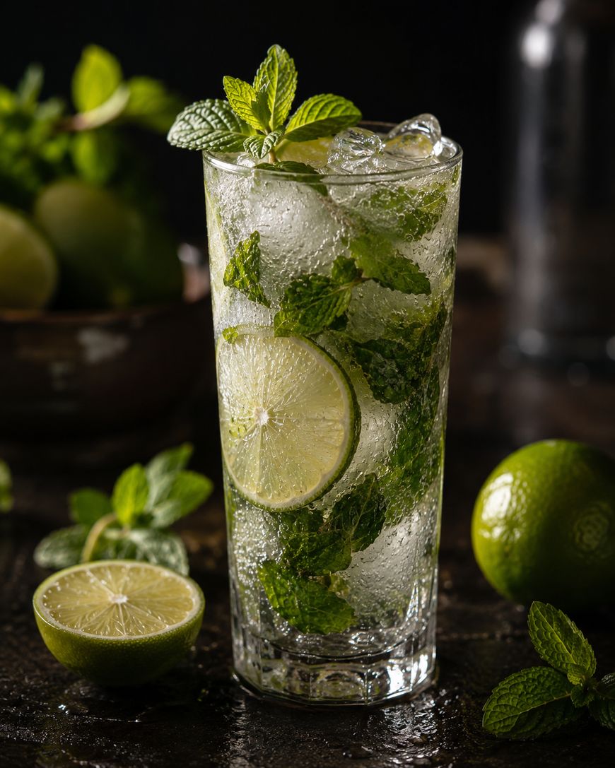 A tall glass of mojito filled with ice, fresh mint leaves, and lime slices sits on a dark surface, surrounded by whole and halved limes and more mint sprigs.