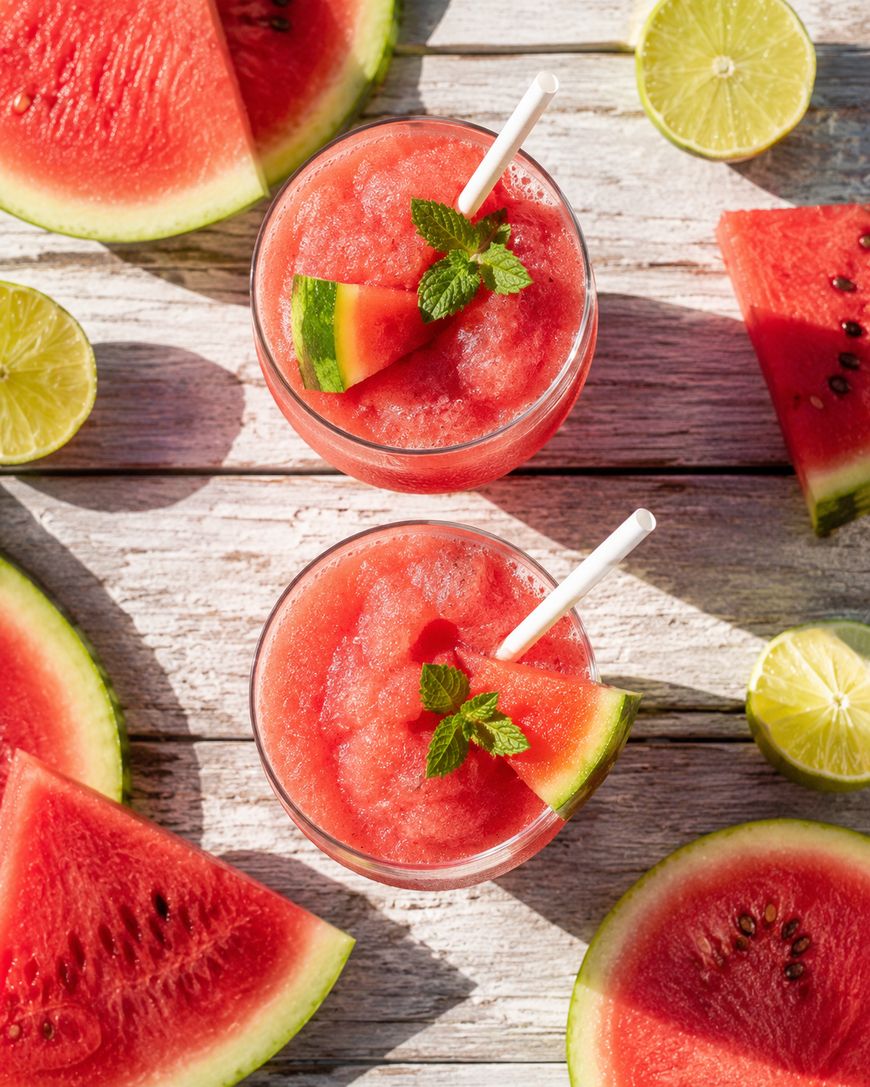 Two glasses of watermelon slush with straws, garnished with watermelon slices and mint, are surrounded by watermelon wedges and lime halves on a rustic wooden surface in bright sunlight.