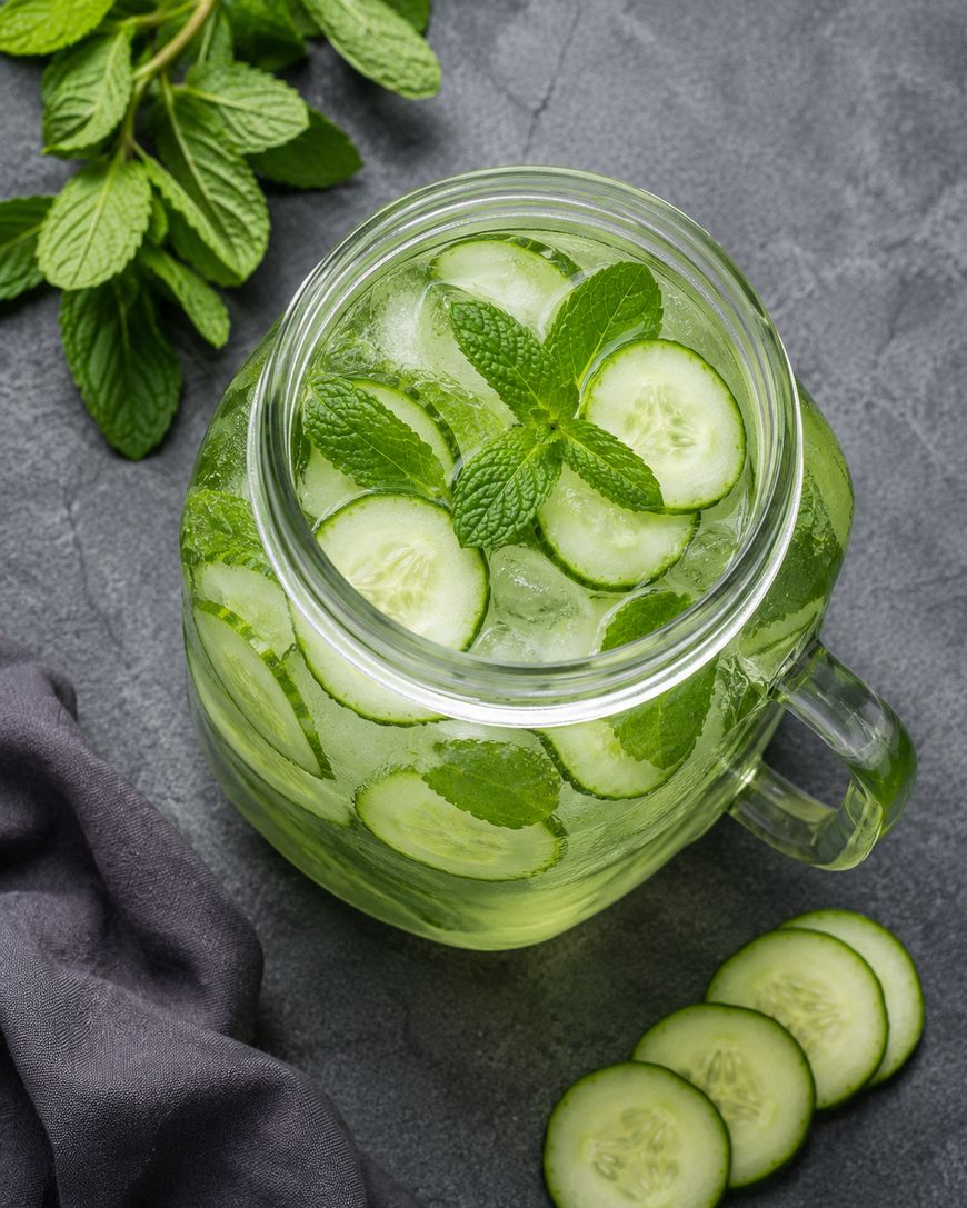 A glass pitcher filled with water, ice, cucumber slices, and fresh mint leaves sits on a gray surface, surrounded by mint sprigs and sliced cucumber. A gray cloth is partially visible beside the pitcher.