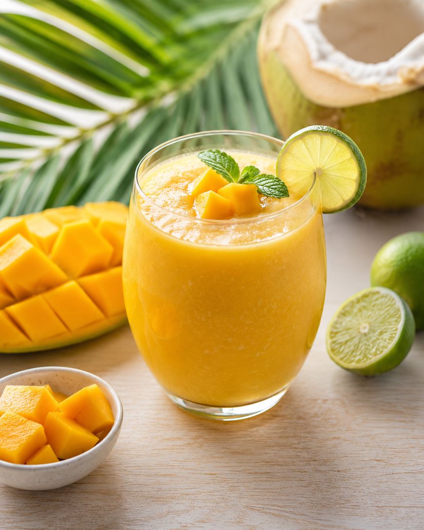 A glass of mango smoothie garnished with mint, mango cubes, and a lime slice, surrounded by diced mango, a halved lime, a coconut, and a palm leaf on a light surface.