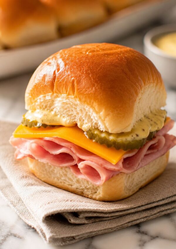 A delicious slider on a soft bun with ham, cheddar cheese, pickles, and mustard sauce sits on a beige napkin—perfect cold sliders for a crowd, with a blurred tray and dipping sauce in the background.