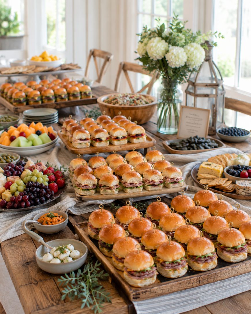 A large wooden table is filled with neatly arranged platters of mini burgers, fresh fruit, cheese, salads, and small appetizers, set in a bright, airy room with wooden chairs and floral centerpieces.