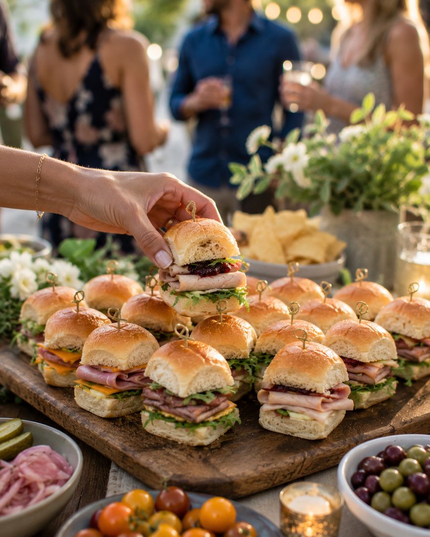 A hand picks up a small sandwich from a wooden tray filled with assorted mini sandwiches, surrounded by bowls of tomatoes, olives, and pickles, with people socializing in the blurred background.